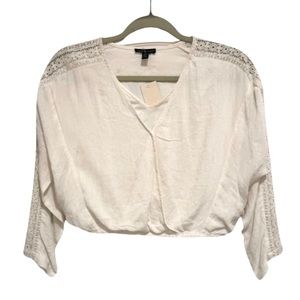 Maison Coupe V-Neck Long Sleeve Faux Wrap Front Blouse with Lace Inserts.